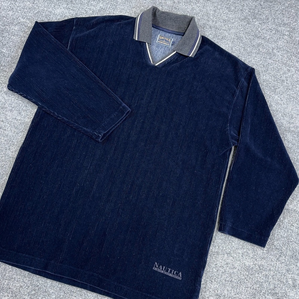 Vintage Nautica Shirt Men Large Navy Corduroy Wide Wale Johnny Collar Rugby Polo